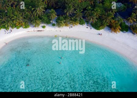 Bathing bay with sandy beach, lagoon and palm trees, Summer Island, North Male Atoll, Maldives Stock Photo