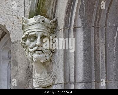 Carved head of Brian Boru on the Chapel Royal, architecture detail of Dublin castle, Ireland Stock Photo