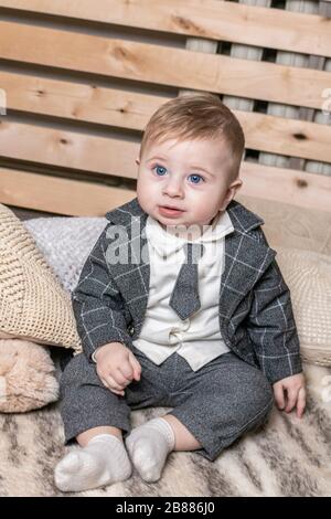 Christmas portrait of cute little baby boy photo Stock Photo