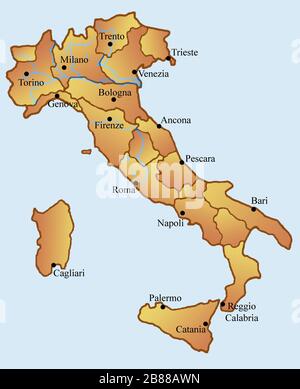 Map of Italy, divided in 20 regions. Black points represent main towns Stock Photo