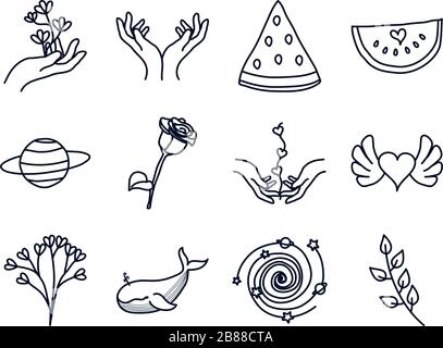 Hands And Minimalist Tattoo Icon Set Over White Background Line Block Style Vector Illustration Stock Vector Image Art Alamy