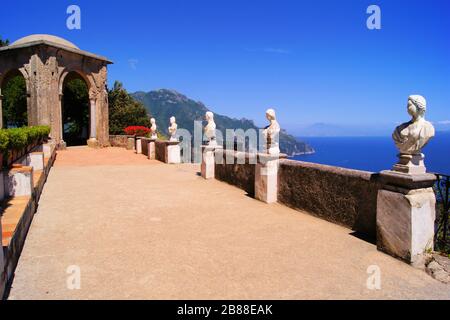 Statues of The Terrace of Infinity above the Amalfi Coast, Ravello, Italy Stock Photo