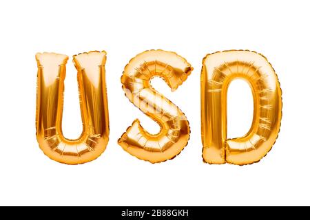 Gold Dollar Sign Balloon. Golden usd currency symbol made of inflatable foil balloon. Money, investment and banking concept Stock Photo