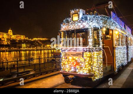 Budapest Christmas Tram with Castle in Background Stock Photo