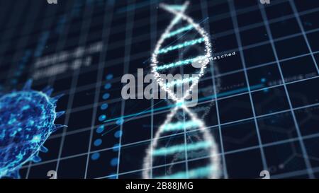 Medical tech spiral DNA Chromosome laboratory and virus analysis on green grid background. Abstract hologram HUD interface and biology concept. Digita Stock Photo