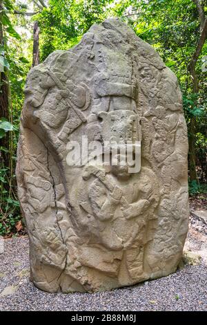 Olmec Chief or King, basalt stela at Parque La Venta in Villahermosa, Tabasco state, Mexico Stock Photo