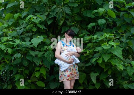 Girl, mother with a toddler on the background of a catalpa tree with fruits. Wallpaper, tree, catalpa. Stock Photo