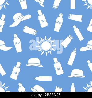 Vector seamless pattern Travel illustration Sun, sun hats, sunscreen cream, lotion, milk Skin protection from solar ultraviolet radiation Summer time, Stock Vector