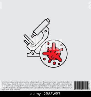 Virus, bacteria and microscope line, linear icon, symbol, sign. coronavirus, COVID-19 icon, logo black and red on white background. 2019-ncov simple Stock Vector