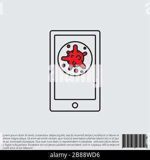 Virus, bacteria in smartphone line, linear icon, symbol, sign. coronavirus, COVID-19 icon, logo black and red on white background. 2019-ncov simple Stock Vector