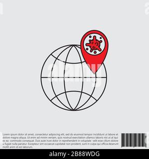 Virus, bacteria, map pointer and globe line, linear icon, symbol, sign. coronavirus, COVID-19 icon, logo black and red on white background. 2019-ncov Stock Vector