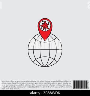 Virus, bacteria, map pointer and globe line, linear icon, symbol, sign. coronavirus, COVID-19 icon, logo black and red on white background. 2019-ncov Stock Vector