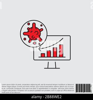 Virus, bacteria and schedule, chart, graph on monitor (board) line, linear icon, symbol, sign. coronavirus, COVID-19 icon, logo black and red on white Stock Vector