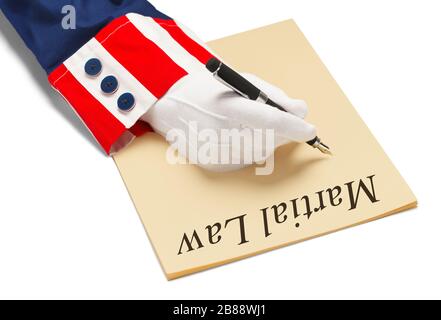 President Writing Martial Law Order Isolated on White Background. Stock Photo