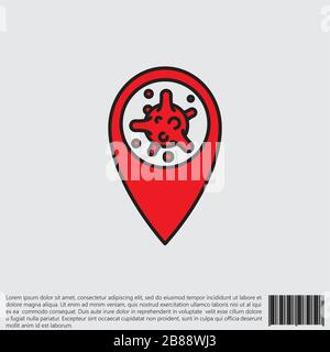 Virus, bacteria and map pointer line, linear icon, symbol, sign. coronavirus, COVID-19 icon, logo black and red on white background. Stock Vector
