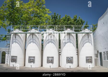 Near Stellenbosch, Western Cape Province, South Africa - December 1, 2019 - tanks for wine fermentation at DeMorgenzon Stellenbosch winery Stock Photo