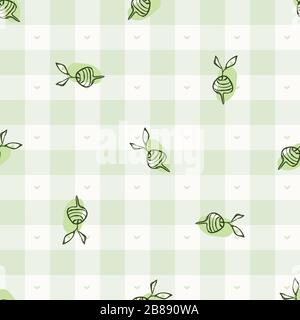 Hand drawn whimsical beetroot gingham seamless pattern. Vector vintage check retro vegetable background. Green farm market tablecloth. Drawn sketchy Stock Vector