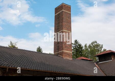 Crematorium chimney at the former Nazi German Dachau concentration camp, Munich, Germany. Stock Photo