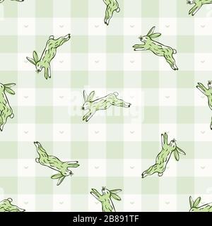 Hand drawn whimsical easter bunny gingham seamless pattern. Vector vintage rabbit check background. Green picnic tablecloth. Drawn sketchy allover Stock Vector