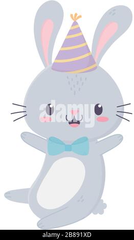 happy birthday cute rabbit party hat bow tie animal cartoon vector illustration Stock Vector