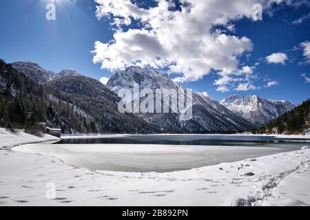 Panoramic view of Lake Predil  and the Alps around Tarvisio, Italy Stock Photo