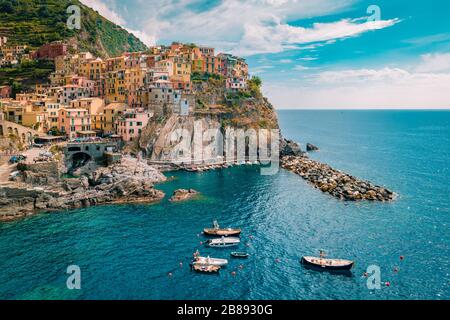 Manarola Village, Cinque Terre Coast Italy. Manarola is a beautiful small colorful town province of La Spezia, Liguria, north of Italy and one of the Stock Photo