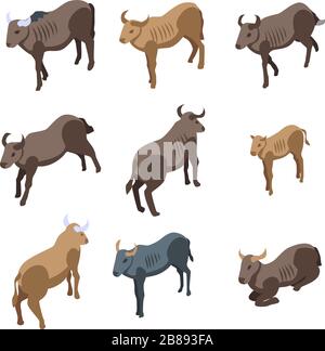 Wildebeest icons set, isometric style Stock Vector