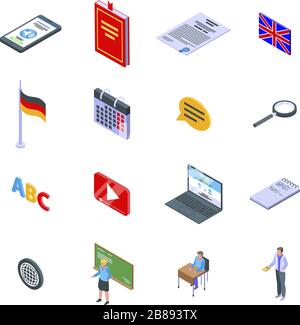 Foreign language teacher icons set, isometric style Stock Vector