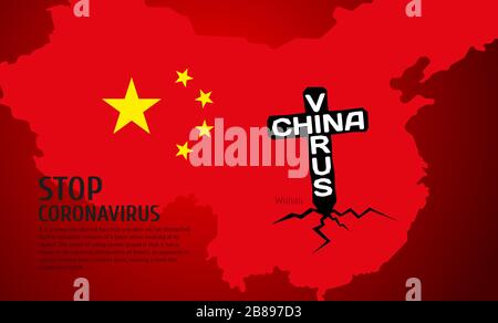 black cross with the words China and the Virus is stuck in cracked ground against the background of a map of China in Wuhan Stock Vector