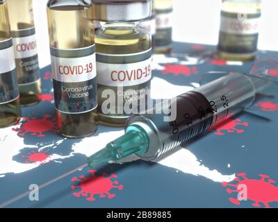 Conceptual image for the discovery of a vaccine for the Covid-19, Coronavirus, 2019-nCoV, SARS-CoV-2. 3D illustration. Stock Photo