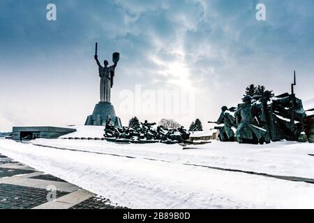 Huge statue atop of the National Museum of the History of the Great Patriotic War of 1941-1945. The monument is dedicated to the end of WWII Stock Photo