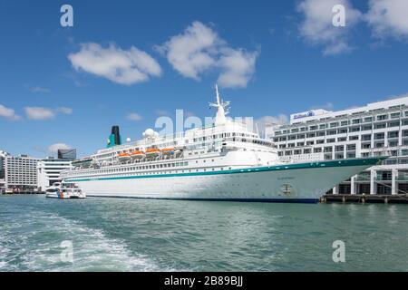 MS Albatross cruise ship and Fullers ferry boat, Auckland Waterfront, Auckland, New Zealand Stock Photo