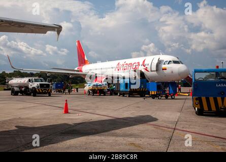 Avianca Airbus plane, Colombia national airline, at Leticia airport, Amazon, Colombia, South America. Stock Photo