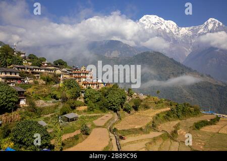 Ghandruk Village amidst the Annapurna Mountain Range, Nepal Stock Photo