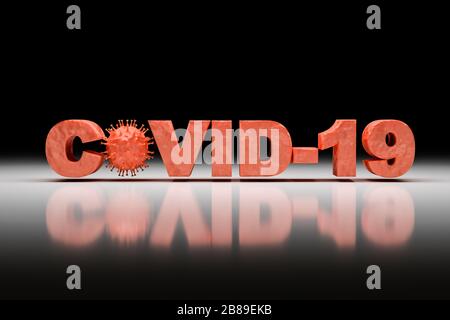 3D render: Corona virus - Schematic image of viruses of the Corona family embedded into the text 'COVID-19'. Stock Photo