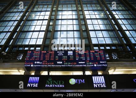 New York, USA. 20th Mar, 2020. A board on the floor of the New York Stock Exchange shows market activity for the day before the closing bell on Wall Street in New York City on Friday, March 20, 2020. The New York Stock Exchange will close down the floor and will move temporarily to fully electronic trading on Monday, March 23 due to the Coronavirus pandemic. The Dow fell another 900 points to end Wall Street's worst week since 2008. Photo by John Angelillo/UPI Credit: UPI/Alamy Live News Stock Photo