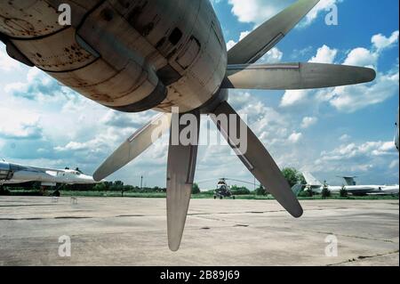 Bear. TU-95. Exhibit of museum of aviation large four engine turboprop-powered strategic bomber and missile platform Stock Photo