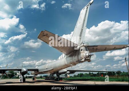 Bear. TU-95. Exhibit of museum of aviation large four engine turboprop-powered strategic bomber and missile platform Stock Photo