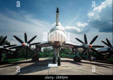 Bear. TU-95. Exhibit of museum of aviation large four engine turboprop-powered strategic bomber and missile platform Stock Photo