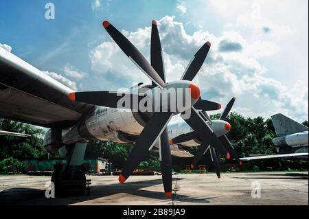 Bear. TU-95. Exhibit of museum of aviation large four engine turboprop-powered strategic bomber and missile platform Stock Photo