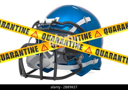 American football ball with caution barrier tape. Cancellation of football match, quarantine concept. 3D rendering isolated on white background Stock Photo