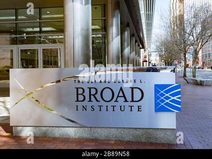 March 18, 2020, Broad Institute, Cambridge Massachusetts, USA: Exterior of Broad Institute in Cambridge. MA State officials said Tuesday March 18, they are pursuing a partnership with the Broad Institute of MIT and Harvard to expand COVID-19 testing in Massachusetts. Stock Photo