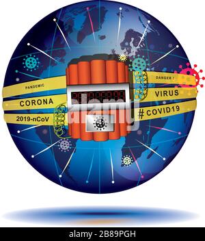 Coronavirus 2019 - Harbinger of the End of the Time. Conceptual vector illustration. Globe wrapped by explosives with a electronic timer with COVID-19 Stock Vector