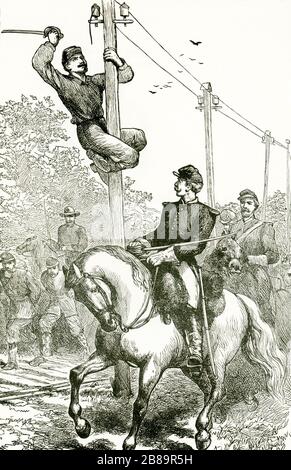 This illustration dates to the 1890s and shows James Ewell Brown Stuart’s cavalry cutting telegraph wires. Srtuart, known as “Jen,” was a U.S. Army officer and later a major general and cavalry commander for the Confederate States of America during the Civil War (1861-65). Here, his troops cutting telegraph wires Stock Photo