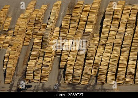 , particleboard plant, sawmill and laminate plant of the Egger Group in Brilon, 27.06.2011, aerial view, Germany, North Rhine-Westphalia, Sauerland, Brilon Stock Photo