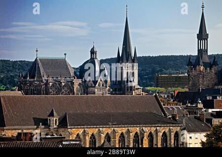 towers of kathedral and town hall of Aachen, Germany, North Rhine-Westphalia, Aix-la-Chapelle Stock Photo