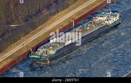 , Tanker on the frozen waterway of Wesel-Datteln Canal in Marl, 08.02.2012, aerial view, Germany, North Rhine-Westphalia, Ruhr Area, Marl Stock Photo