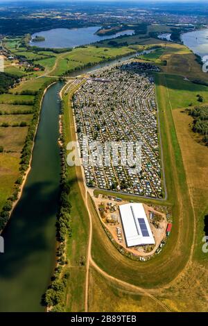 camp site Grav-Insel at river Rhine, masses of caravans and tents, 01.08.2019, aerial view, Germany, North Rhine-Westphalia, Ruhr Area, Wesel Stock Photo