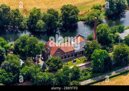 old water works at river Lippe, 01.08.2019, aerial view, Germany, North Rhine-Westphalia, Ruhr Area, Wesel Stock Photo