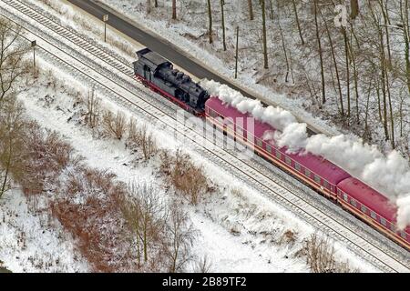 , historic steam locomotive drawn traditional train at the station in Arnsberg, 26.01.2013, aerial view, Germany, North Rhine-Westphalia, Sauerland, Arnsberg Stock Photo